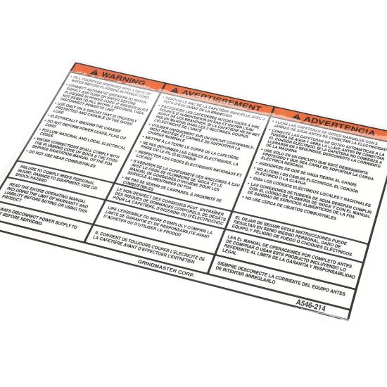 Picture of Grindmaster Cecilware A546-214 Label Warning Startup Instr